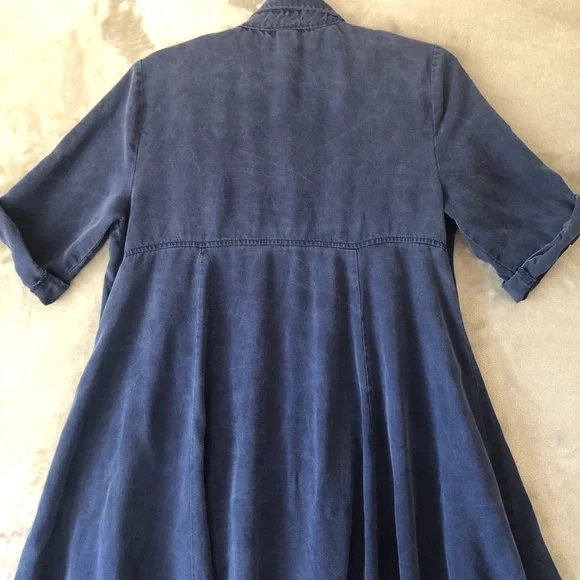 Chelsea & Theodore Flare Midi Dress Size M Tencel Pockets Roll Tab Sleeve Collar - Picture 9 of 12